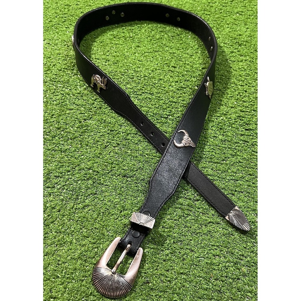 Vintage Aztec Concha Belt 32" Black Leather Western Silver 1990 Ranger‎ Belt EUC